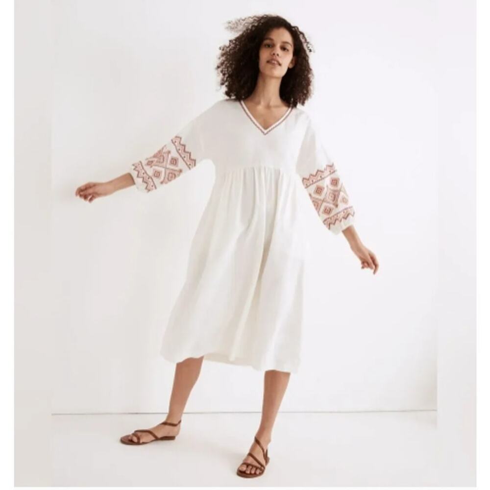 NEW! Madewell Embroidered-Sleeve Popover Midi Dress in LIGHTHOUSE (L)